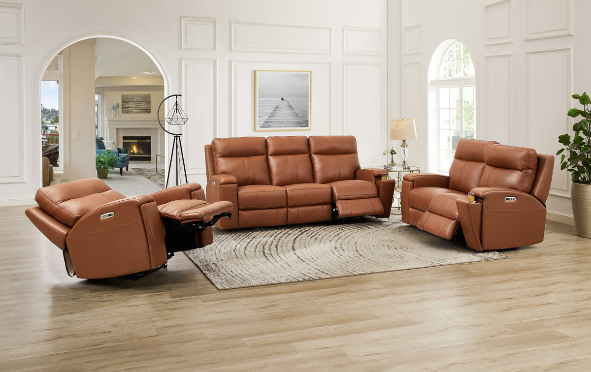 Venice Cognac Top Grain Leather Power Reclining Sofa - MJM Furniture