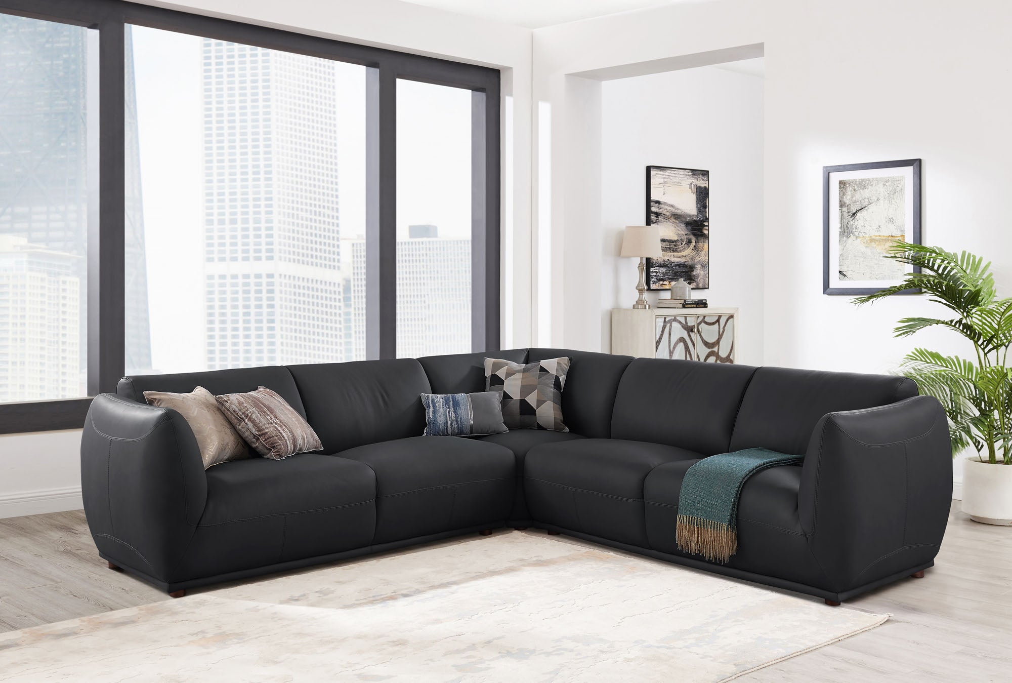 Moon Black Top Grain Leather Sectional - MJM Furniture